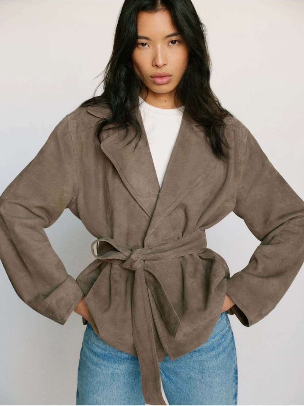 REFORMATION Veda Jaden Cropped Trench in Mushroom Suede S